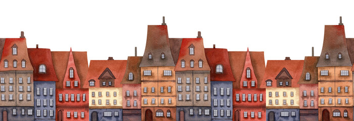 Seamless city town horizontal border, Watercolor illustration with brick houses, roof tiles for banners, frames © Hanna