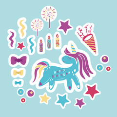 Cartoon funny unicorn on a blue background. Cute little unicorn with birthday elements. Birthday stickers. Illustrthation ready for print