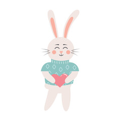 Cute rabbit boy in a sweater and a heart in his hands. Christmas, Easter or  Valentine's day bunny. Illustration for nursery t-shirt, kids apparel, invitation, postcard design