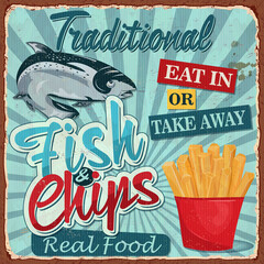 Vintage Fish and chips metal sign.Retro poster 1950s style.