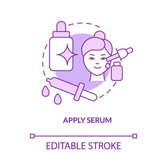 Apply serum purple concept icon. Everyday skincare routine product abstract idea thin line illustration. Isolated outline drawing. Editable stroke. Roboto-Medium, Myriad Pro-Bold fonts used