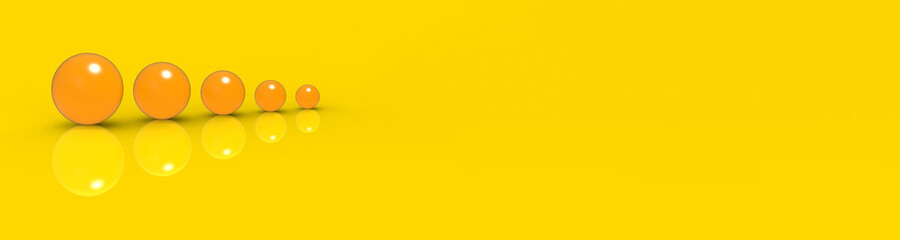Five glass balls of different sizes of yellow color on yellow background. Growth of something. Progress. Horizontal image. Banner for insertion into site. 3D image. 3D rendering.