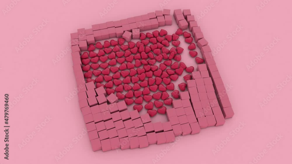 Poster festive 3d animation of the transformation of pixel cubes into hearts with the shape of a large hear