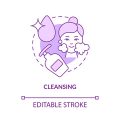 Cleansing purple concept icon. Beauty and healthcare. Skincare routine abstract idea thin line illustration. Isolated outline drawing. Editable stroke. Roboto-Medium, Myriad Pro-Bold fonts used