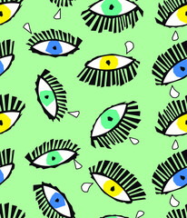 Fototapeta na wymiar Abstract Hand Drawing Cubism Pop Art Geometric Eyes and Tears Seamless Vector Pattern Isolated Background