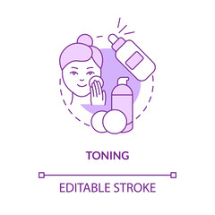 Toning purple concept icon. Everyday procedure. Skincare routine procedure abstract idea thin line illustration. Isolated outline drawing. Editable stroke. Roboto-Medium, Myriad Pro-Bold fonts used
