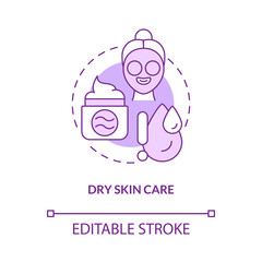 Dry skin care purple concept icon. Everyday beauty procedures abstract idea thin line illustration. Isolated outline drawing. Editable stroke. Roboto-Medium, Myriad Pro-Bold fonts used