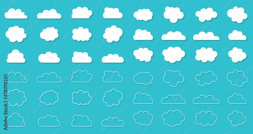 Poster cartoon cloud icons. outline clouds. shapes in flat style. white clouds with shadow on blue backgrou