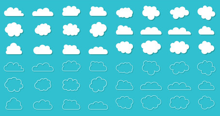Obraz premium Cartoon cloud icons. Outline clouds. shapes in flat style. White clouds with shadow on blue background. Simple bubbles for speech. Symbols of forecast weather. Vector.