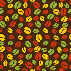 Pattern  bright, colorful of red, green and yellow coffee beans on a dark brown background