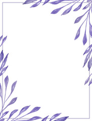 Fototapeta na wymiar Watercolor hand painted nature floral squared frame with purple leaves on branch bouquet composition in corner on the white background for invite and greeting card design with space for text