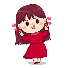 Valentine day love sign girl with red dress cute kawaii chibi character design