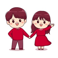 Valentines day boy holding his girls hand cute kawaii chibi character design