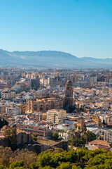 Views of the city and the Cathedral of the Incarnation of Malaga from the Gibralfaro Castle in the city of Malaga, Andalusia. Spain