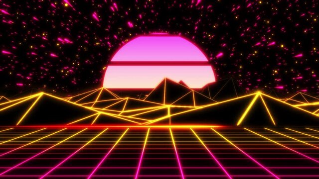 Concept 21-N1 Infinite abstract neon retrowave looping animated background with moving grid floor, moving terrain, sun animation and stars movement.