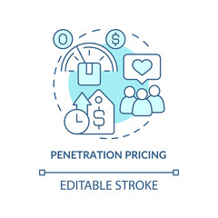 Penetration pricing turquoise concept icon. Low price for new product abstract idea thin line illustration. Isolated outline drawing. Editable stroke. Roboto-Medium, Myriad Pro-Bold fonts used