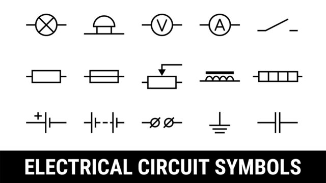 Electrical circuit symbols set. Flat icons elements. Lamp, Ammeter and voltmeter, bell, terminal, resistor and cell battery, heating element, electromagnet.
