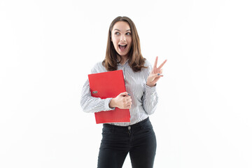 Girl in office dress code with a red folder on a white background