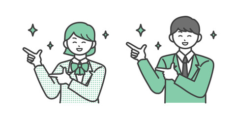 ポーズをとる男子学生と女子学生の上半身のイラスト素材セット