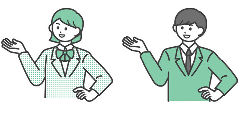 手を挙げる学生の男の子と女の子のイラスト素材セット