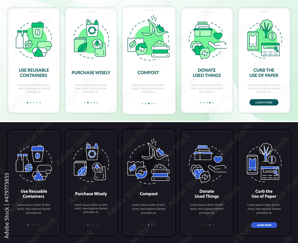 Poster how to minimize waste night and day mode onboarding mobile app screen. walkthrough 5 steps graphic i