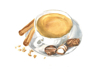 Watercolor colored illustration of cap of cofee