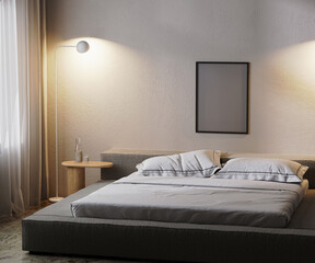 poster frame mock up in modern bedroom interior in dark with lamp light, 3d rendering