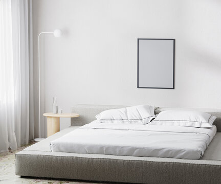 empty frame mockup in modern bedroom interior background, scandinavian style, 3d render