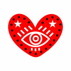 Red heart decorated with an eye. Romantic icon for Valentines Day. Vector illustration