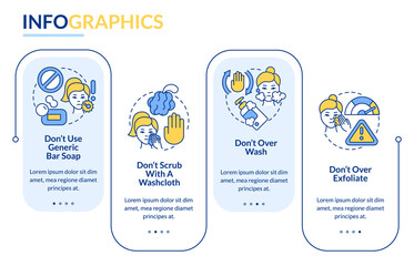 Skincare donts rectangle infographic template. Routine mistakes. Data visualization with 4 steps. Process timeline info chart. Workflow layout with line icons. Lato-Bold, Regular fonts used