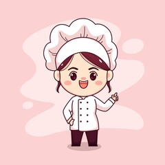 Cute and kawaii female chef with pointing finger cartoon manga chibi vector character design