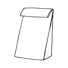 Takeaway paper bag vector with monochrome doodle illustration, clean and minimal style. For food industrial and delivery service from cafes, shops and restaurants. Empty bag with handles. Black lines.