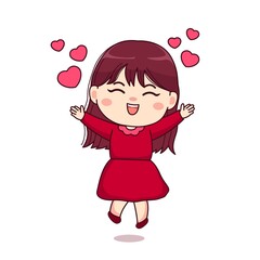 Valentine day love sign happy girl with red dress cute kawaii chibi character design