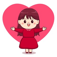 Valentine day love sign girl with red dress cute kawaii chibi character design