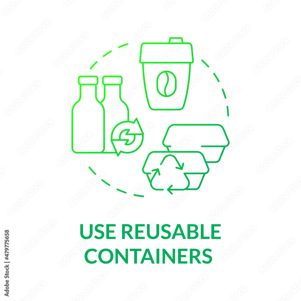 Poster use reusable containers green gradient concept icon. bottles and cups. minimize waste abstract idea 