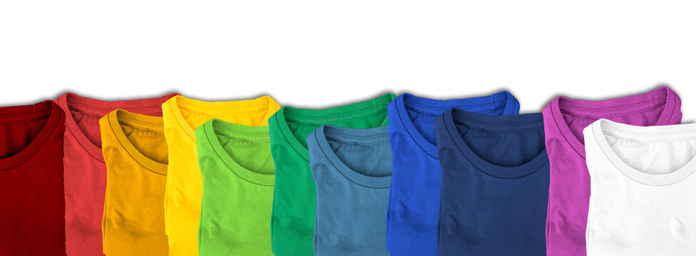 Pile of multi colored t-shirts isolated on white background