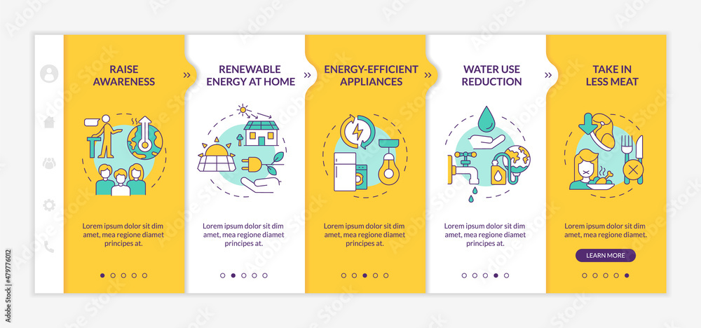 Aufkleber preventing climate change yellow onboarding template. save energy and water. responsive mobile websi