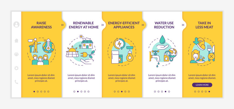 Preventing climate change yellow onboarding template. Save energy and water. Responsive mobile website with linear concept icons. Web page walkthrough 5 step screens. Lato-Bold, Regular fonts used