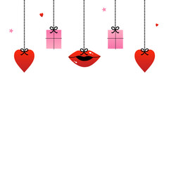 Cute and colorful hearts, gifts, lips symbols hanging on ropes. Vector illustration, banner, header for Valentines Day design. February 14.