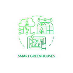 Smart greenhouses green gradient concept icon. Smart farming abstract idea thin line illustration. Microclimate regulation. Isolated outline drawing. Roboto-Medium, Myriad Pro-Bold fonts used