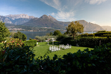 On site registration wedding in Lake Como at romantic honeymoon. Luxury wedding concept