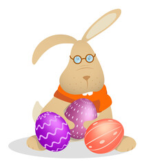 Little funny rabbit in glasses and orange scarf sits with Easter eggs in paws. Symbol of Easter holiday. Childrens vector illustration