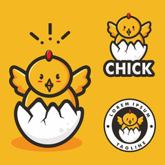 Baby chicken illustration cartoon logo hatching out of the egg