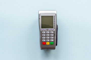 Payment transactions with pos credit card terminal, top view