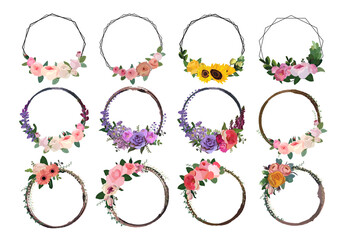 Set of beautiful flower wreath, floral frames set. Vector illustration.