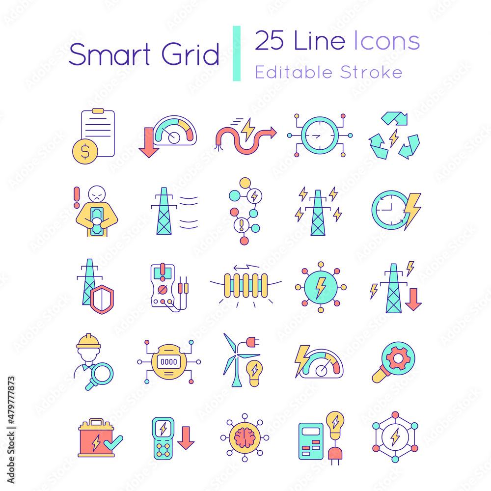Poster smart grid rgb color icons set. intelligent power network. energy technology. isolated vector illust