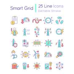 Smart grid RGB color icons set. Intelligent power network. Energy technology. Isolated vector illustrations. Simple filled line drawings collection. Editable stroke. Quicksand-Light font used