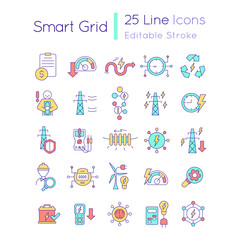 Naklejka premium Smart grid RGB color icons set. Intelligent power network. Energy technology. Isolated vector illustrations. Simple filled line drawings collection. Editable stroke. Quicksand-Light font used
