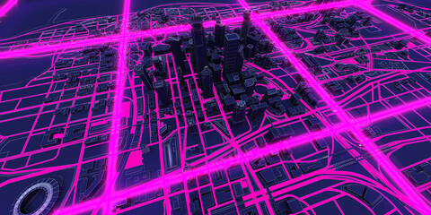 neon square over dark city aerial view