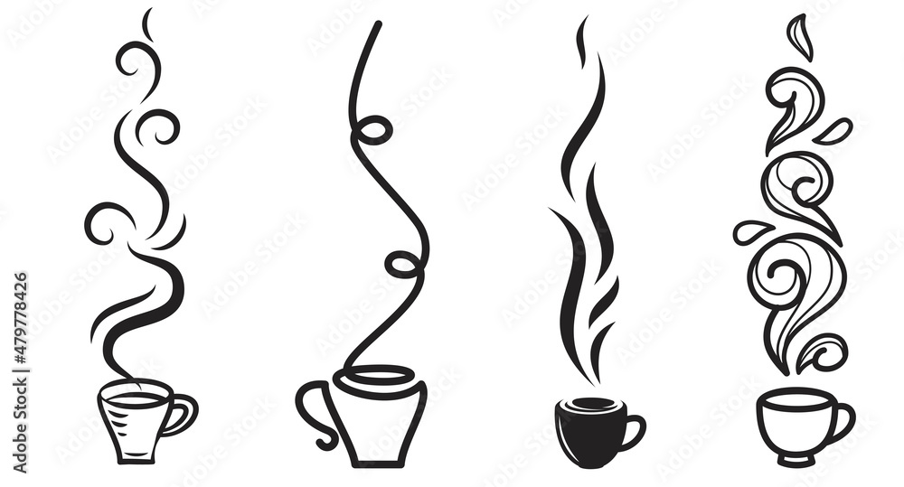 Wall mural set hand drawn silhouettes coffee cup with waves of steam isolated on white background. collection m